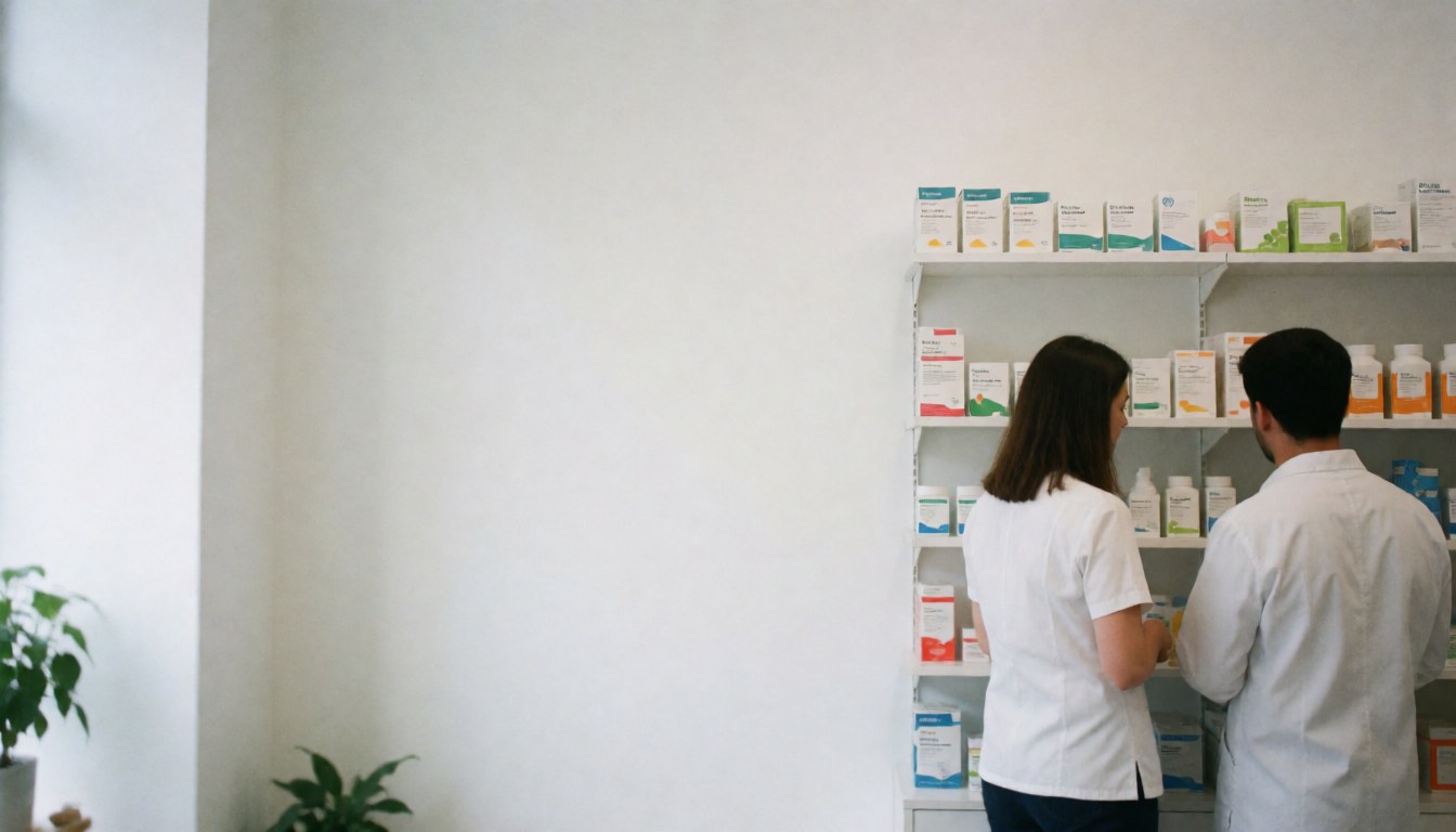 Clean white wall background with pharmacy shelves, medicine boxes, bottles, and plants, providing ample space for text overlay in a professional healthcare setting
