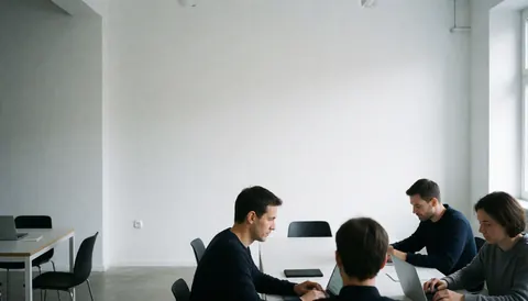 Four professionals using laptops at a white table in a bright, modern coworking office with white walls and natural light.
