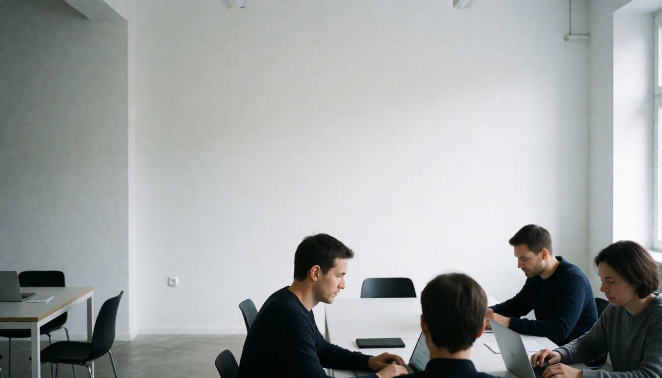 Four professionals using laptops at a white table in a bright, modern coworking office with white walls and natural light.