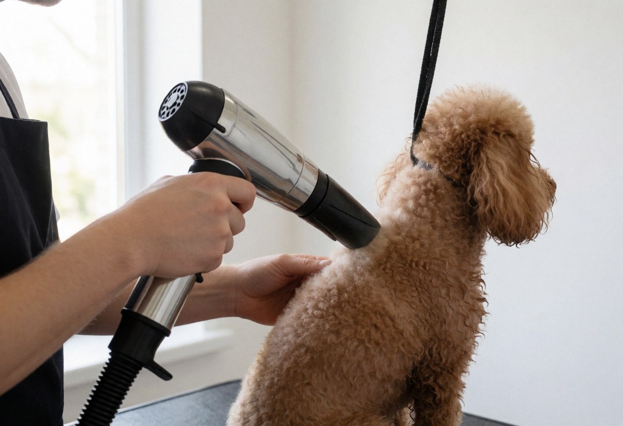 A groomer drying the curly fur of a poodle using a hair dryer while the dog stands on a grooming table with a harness under natural light.