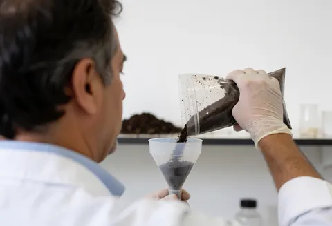 Agricultural technician wearing gloves examines soil sample in a funnel during laboratory analysis with a blurred background