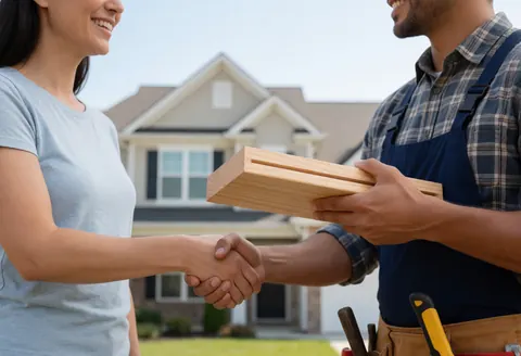A carpenter hands a wooden rack to a smiling client at their home, shaking hands with tools at his waist.