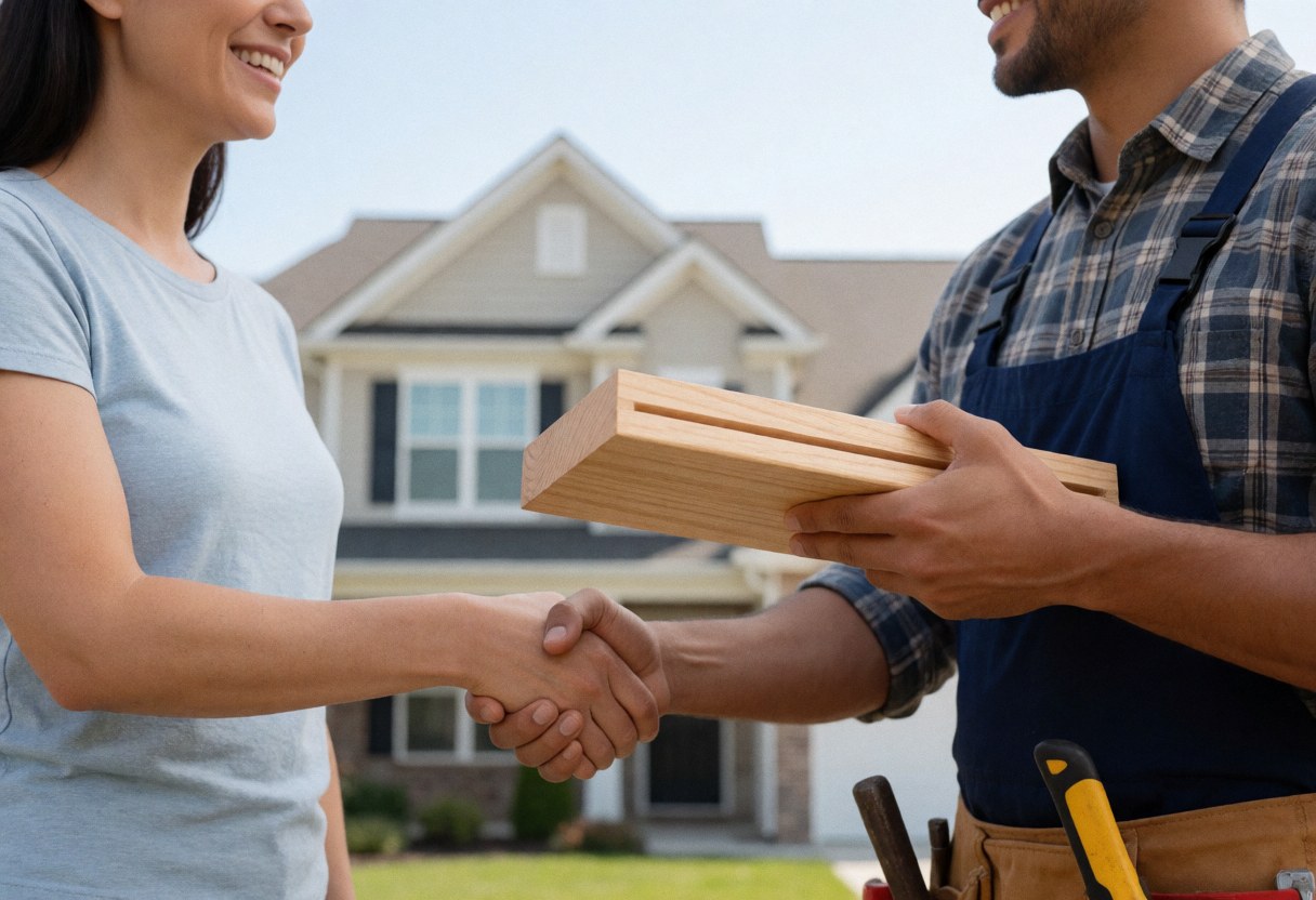 A carpenter hands a wooden rack to a smiling client at their home, shaking hands with tools at his waist.