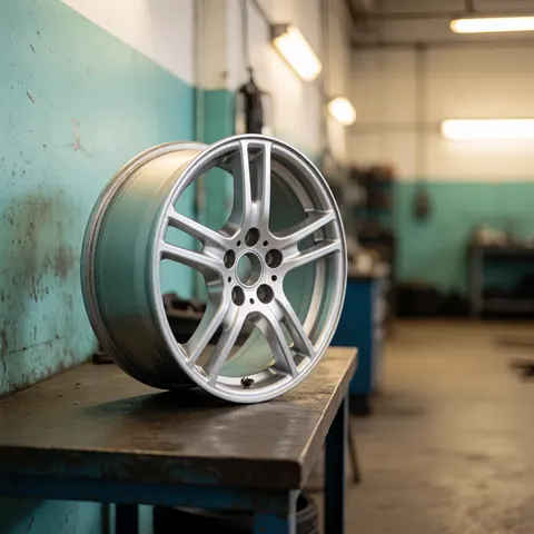 A clean, finished car wheel rim resting on a metal workbench in an auto repair shop with turquoise walls and concrete floor