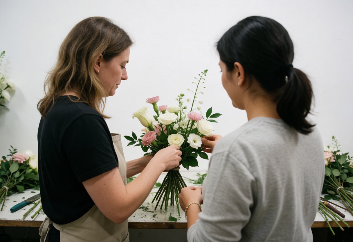 A florist and a customer work together to arrange a fresh flower bouquet in a bright workshop surrounded by tools and blooms.