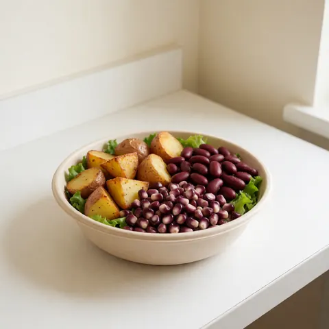 Fresh salad with roasted potatoes, red beans, and purple corn in a bowl on a white counter with natural light