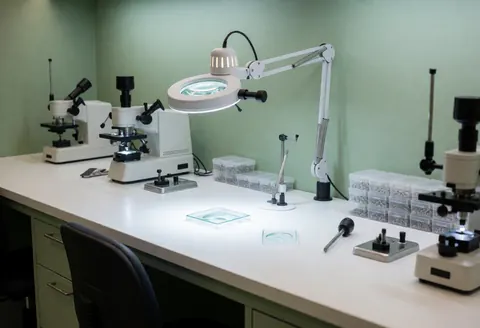 Clean optical workbench featuring microscopes, magnifying glass, tools, and screw containers against green walls with professional lighting