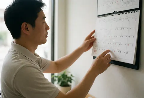Professional travel agent in an office pointing to dates on a wall calendar with natural light