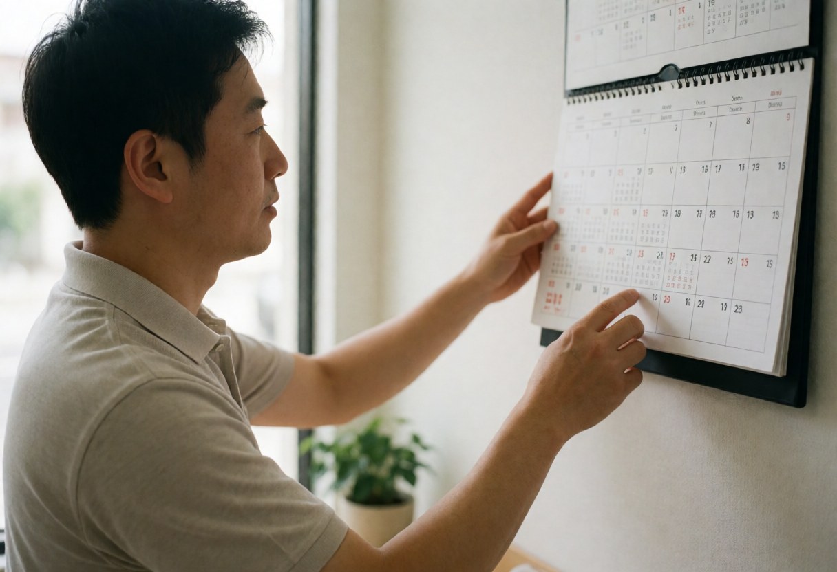 Professional travel agent in an office pointing to dates on a wall calendar with natural light