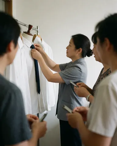Coordinator adjusting a tie on a mannequin while three people observe in a professional event setting with natural light and white shirts