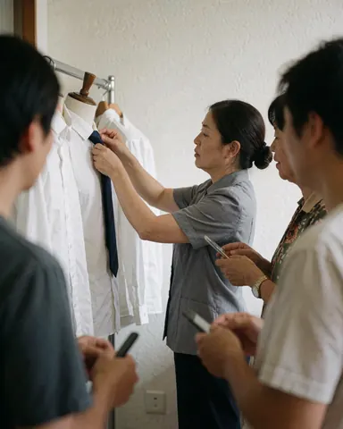 Coordinator adjusting a tie on a mannequin while three people observe in a professional event setting with natural light and white shirts