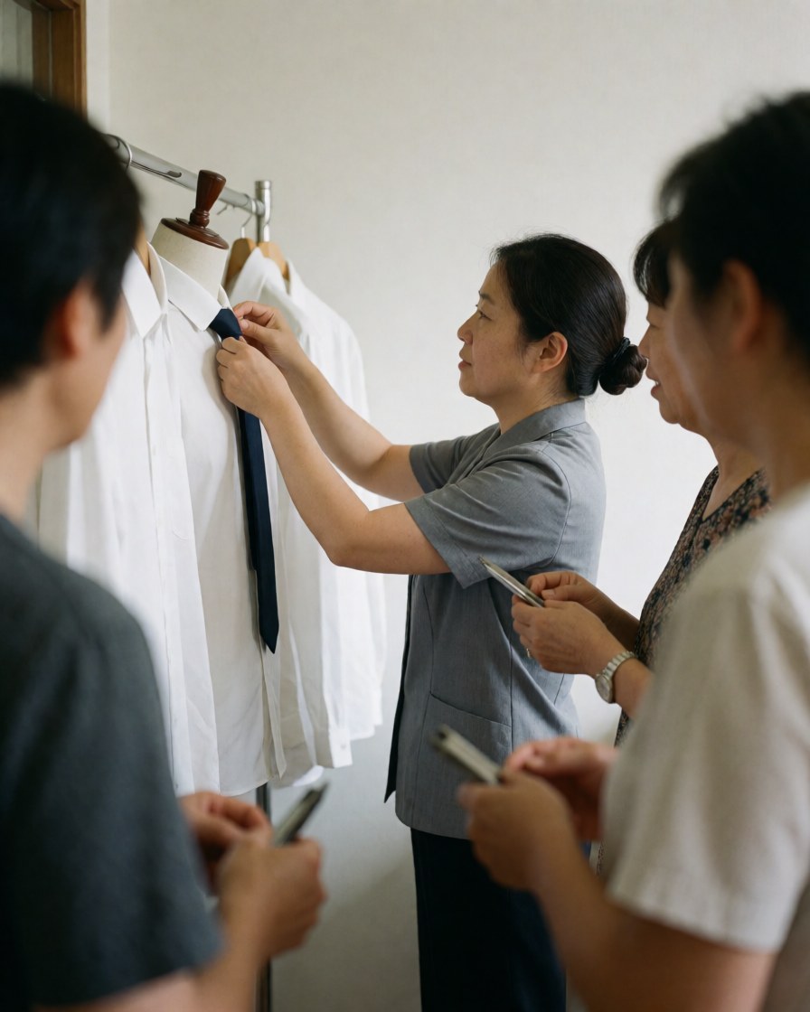 Coordinator adjusting a tie on a mannequin while three people observe in a professional event setting with natural light and white shirts