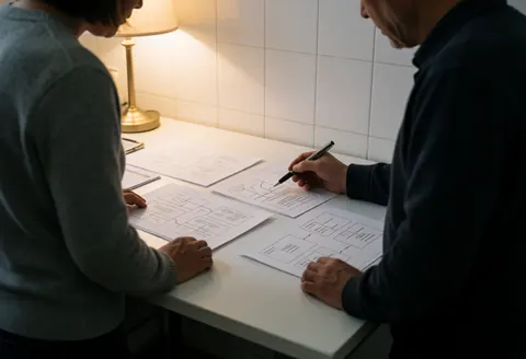 Two professionals review wireframes on a white table with warm lighting and white tiled walls in a collaborative startup office setting