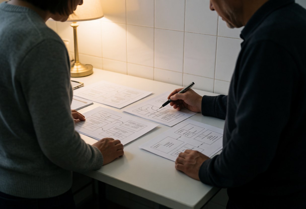 Two professionals review wireframes on a white table with warm lighting and white tiled walls in a collaborative startup office setting