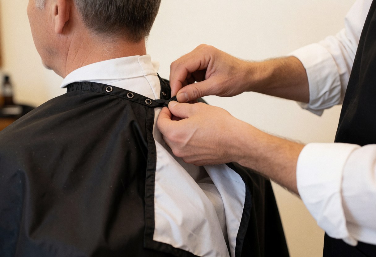 Close-up view of a barber's hands adjusting a protective cape around a client's neck in a barbershop setting