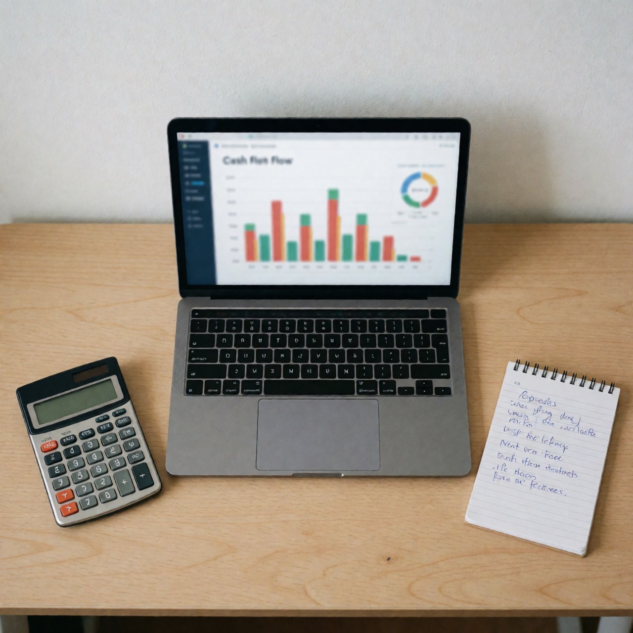 Laptop displaying a cash flow chart alongside a calculator and notebook on a light wooden desk for finance and banking planning
