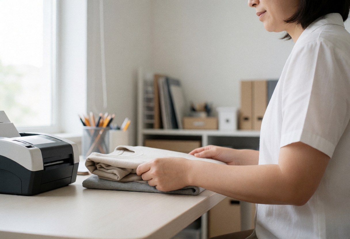 A person reviews folded clothing items for returns at a desk with a printer and labels, showcasing online store service operations.