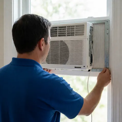 Technician in blue shirt adjusting white window air conditioner unit, showing metal frame and natural light installation process