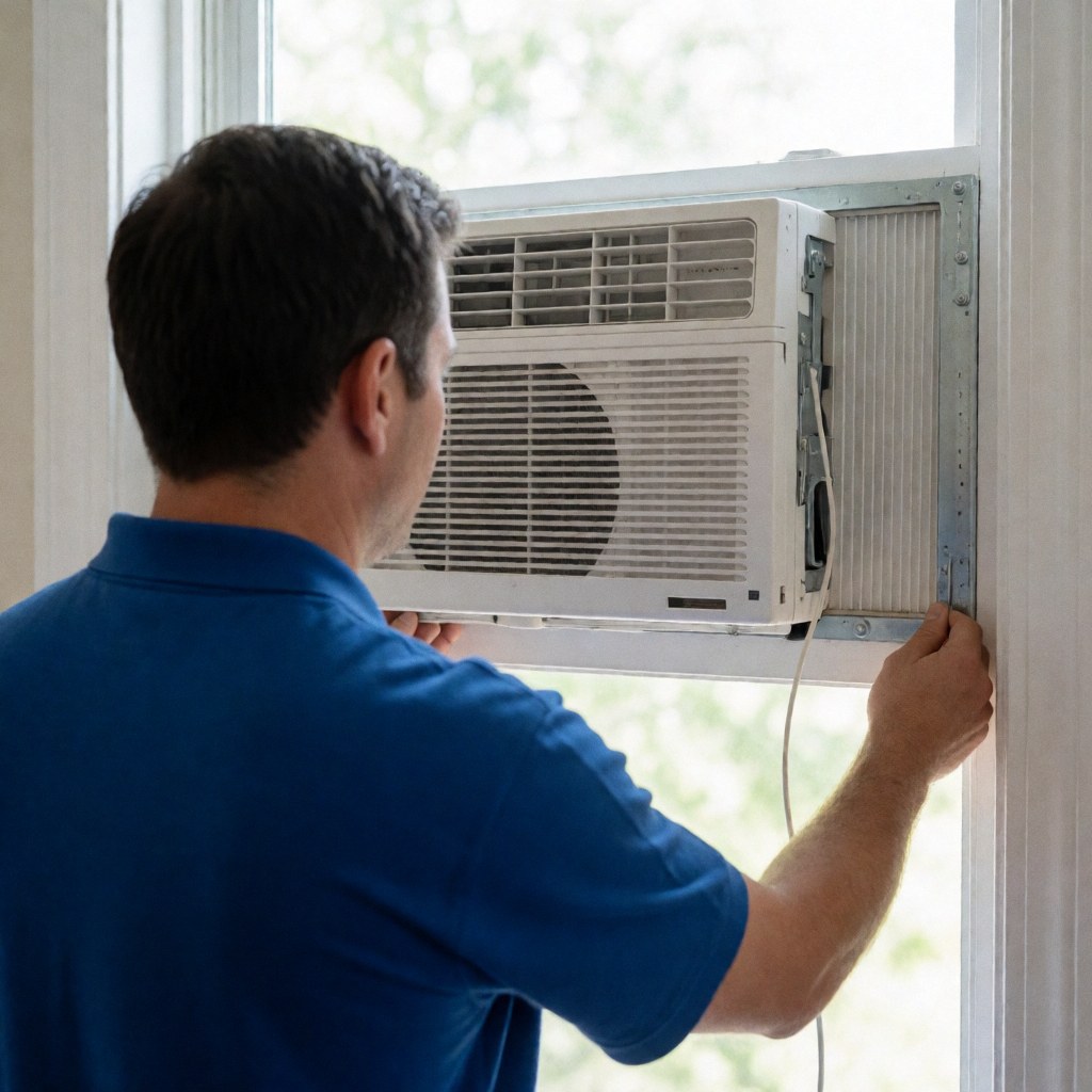 Technician in blue shirt adjusting white window air conditioner unit, showing metal frame and natural light installation process