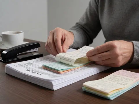 Close-up of hands sorting tax receipts and forms on a wooden desk with a coffee cup and stapler, depicting detailed financial work.