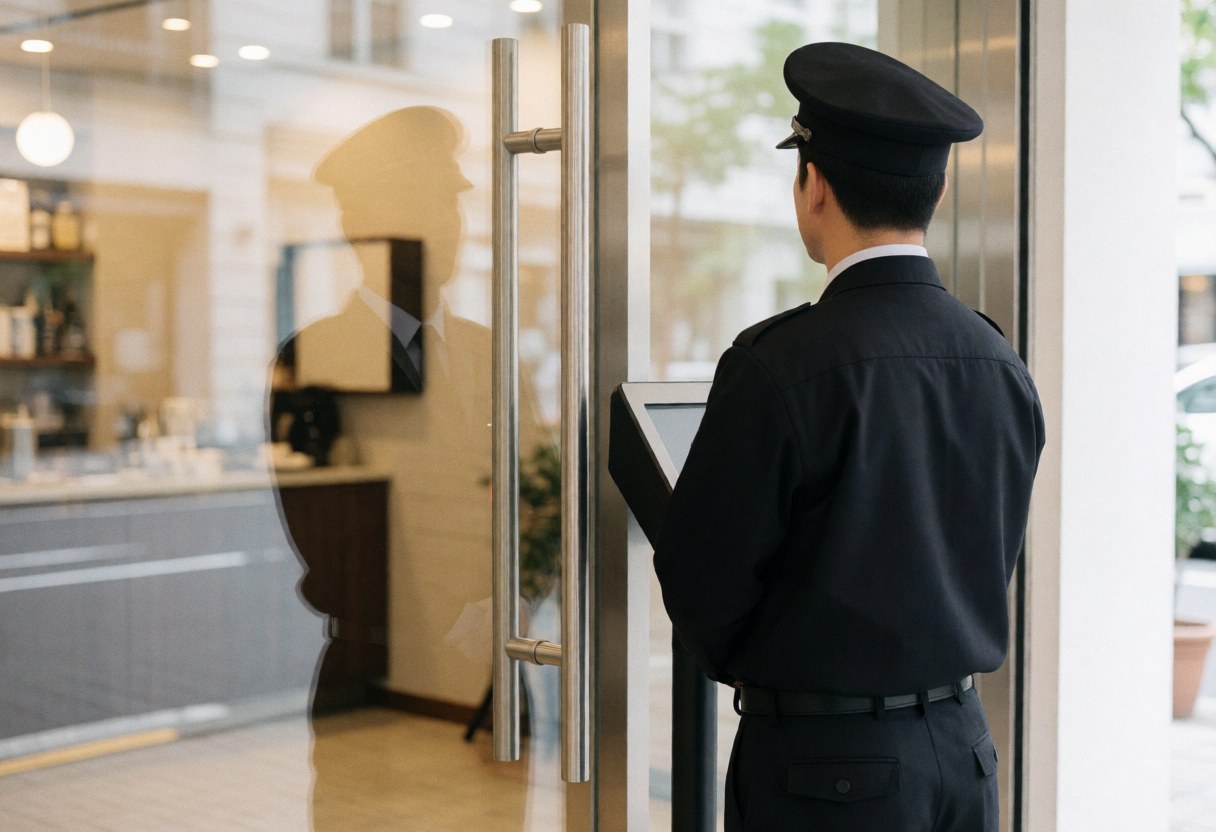 Back view of a security guard standing at an entrance post looking out at the street with a reflection visible in the glass