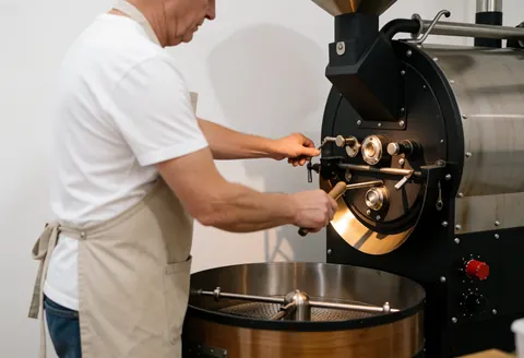 A worker operates industrial coffee roasting equipment in a professional coffee and cacao farm facility, ensuring quality control during the roasting phase.