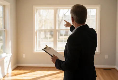Back view of a real estate agent holding a clipboard and pointing at a window in an empty room with hardwood floors and gray walls lit by sunset light.
