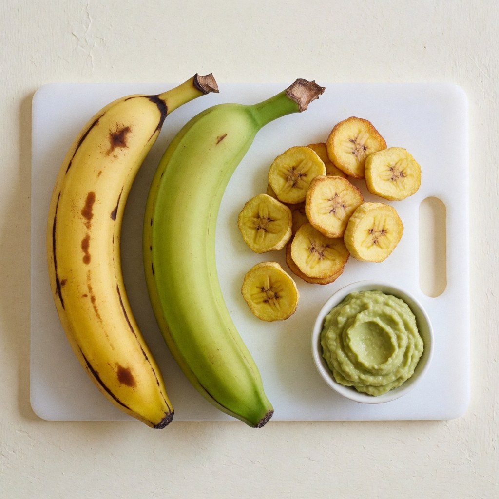 Ripe and green bananas, fried banana chips, and avocado butter arranged on a wooden cutting board with natural lighting for healthy nutrition and meal planning.