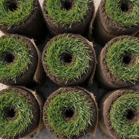 Close-up view of fresh green sod rolls stacked on concrete, ready for landscaping installation