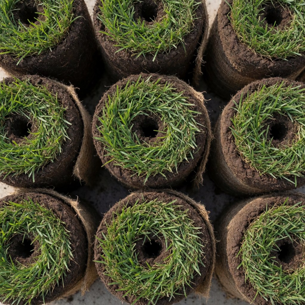 Close-up view of fresh green sod rolls stacked on concrete, ready for landscaping installation