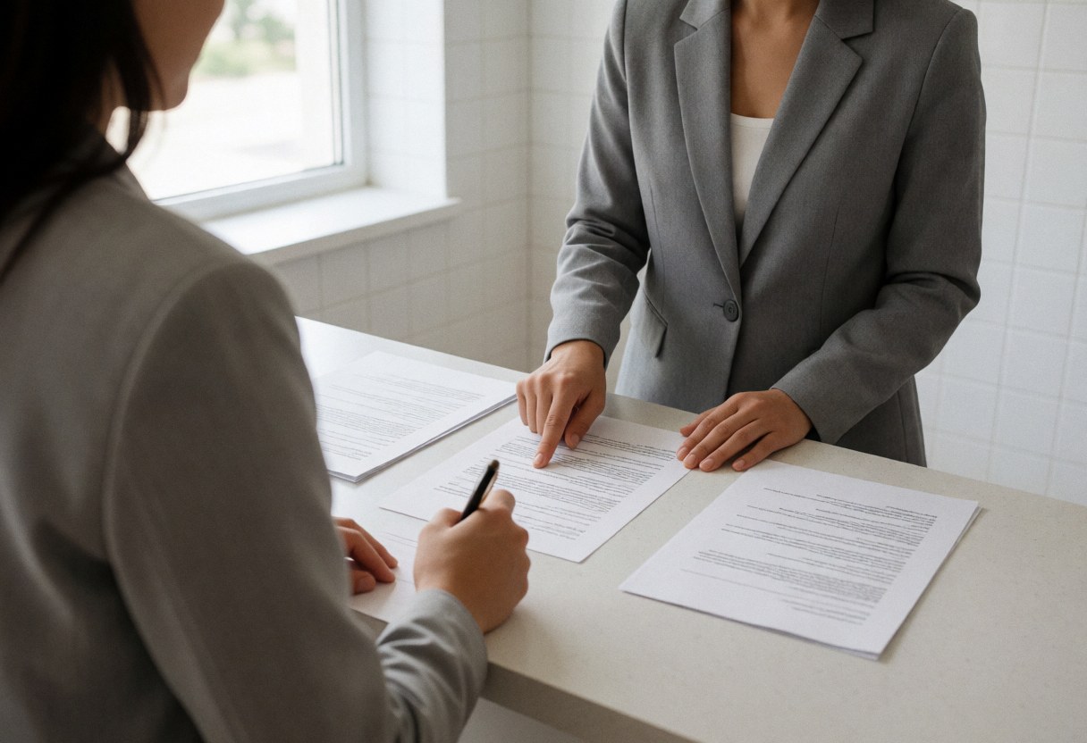 A client signs paperwork at a driving school reception desk while a receptionist assists, featuring white tiled walls and natural light from a window.