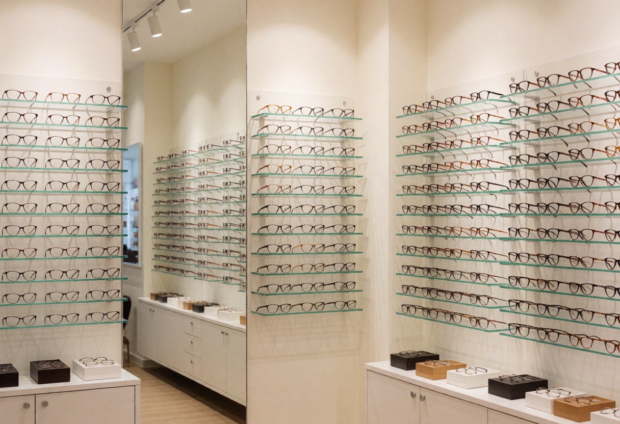 Rows of eyeglass frames displayed on white shelves inside an optical store, showcasing various styles and colors for customers.