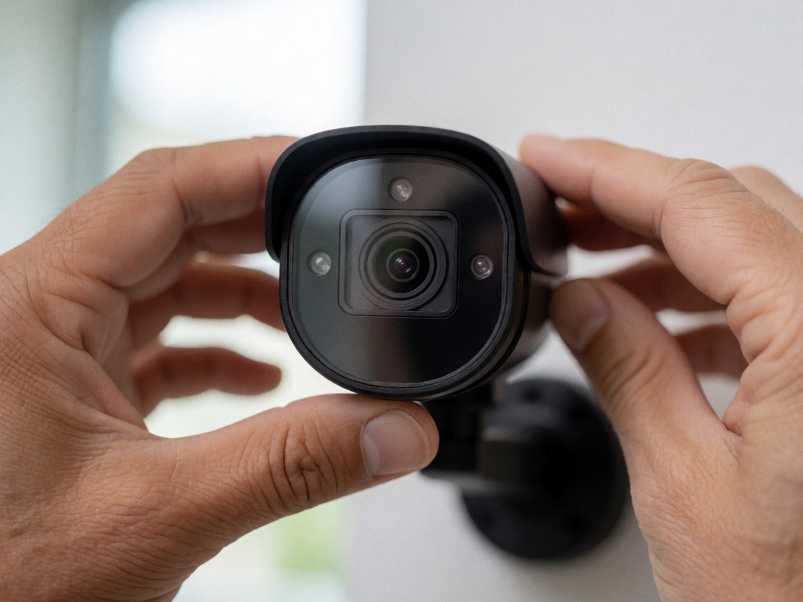 Detailed macro view of an outdoor security camera lens with hands adjusting the focus ring for precise installation