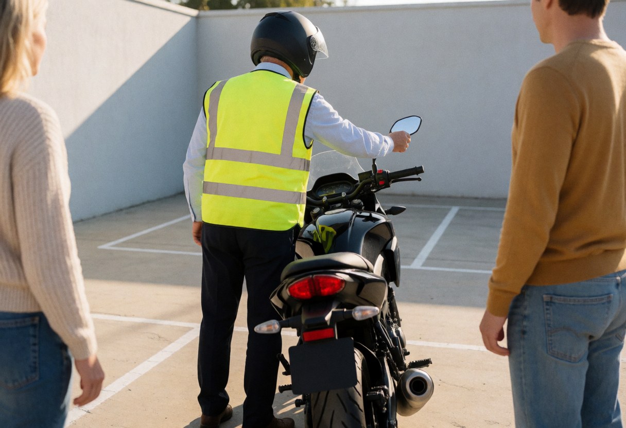 A driving school instructor wearing a helmet and vest adjusts the mirror of a black motorcycle in a paved lot with two observers watching.