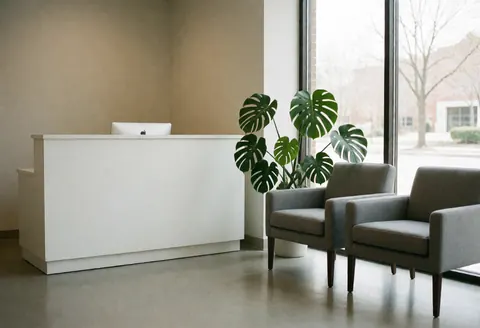 Clean modern reception desk with white surface, two gray chairs, and a monstera plant near a large window with natural light