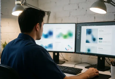 Marketing specialist working at a desk with dual monitors displaying data charts and a website in a white brick office with desk lighting.