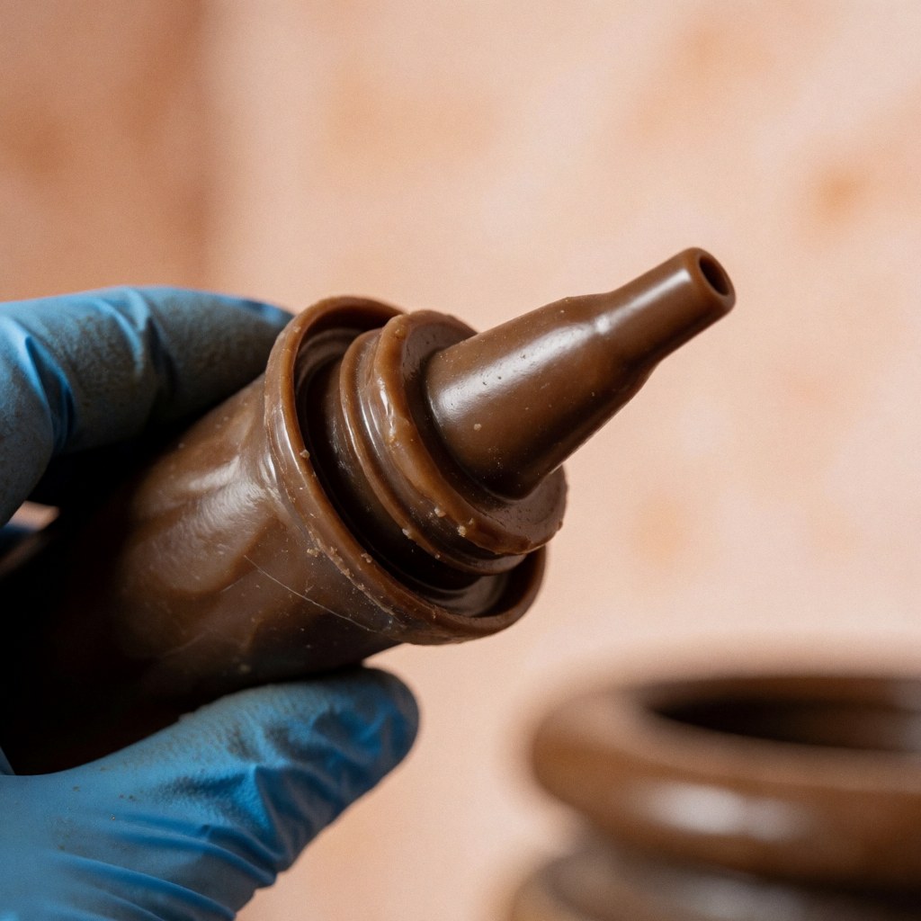 Close-up of detailed wax seals resting on blue nitrile gloves in a workshop setting for plumbing repair and installation projects