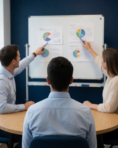 Two insurance professionals explain data charts on a whiteboard to a seated client in a professional meeting room.