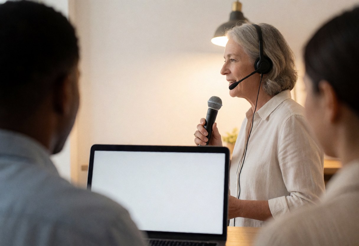 A woman with a microphone and headphones teaches an online class with a blurred laptop in the foreground.