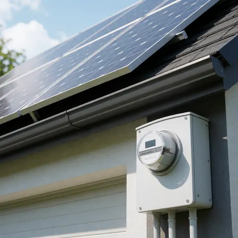Close-up view of a modern smart electric meter mounted on the exterior wall near solar panels on a house roof