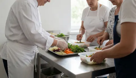 A chef uses a spoon to mix fresh salad ingredients in a large metal bowl during event catering preparation