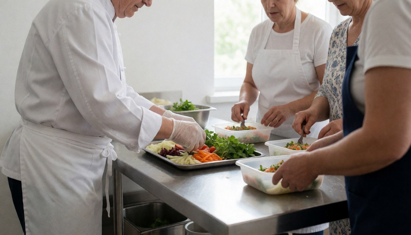 A chef uses a spoon to mix fresh salad ingredients in a large metal bowl during event catering preparation