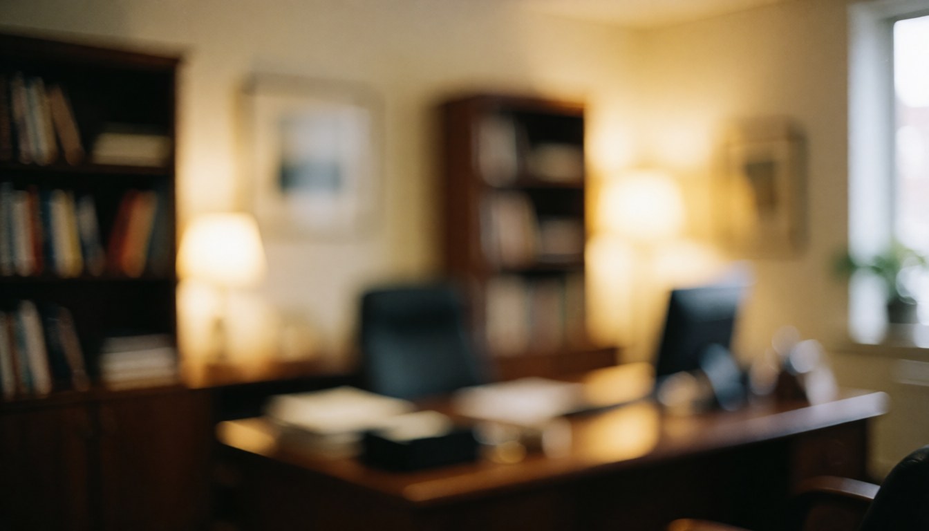 A calm professional office background featuring a wooden desk, bookshelf, warm lamp light, window, and plant, suitable for insurance text overlays
