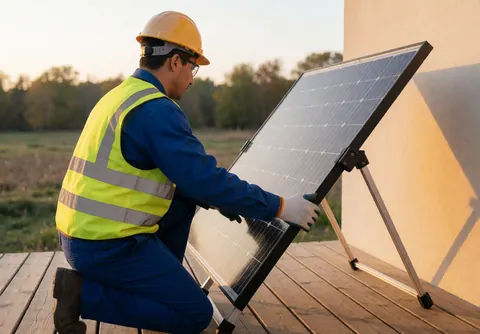 Technician wearing safety gear installs a solar panel on a wooden roof during a golden sunset with a rural landscape in the background.