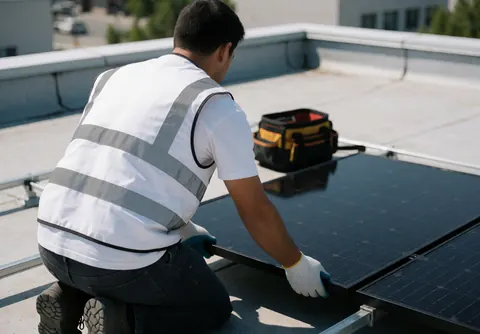 Worker in safety vest installing black solar panel on roof with tools nearby under bright sunlight
