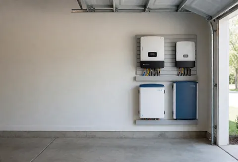 Wall-mounted solar inverters and batteries in a garage illuminated by natural light, ideal for renewable energy business storefronts and interiors