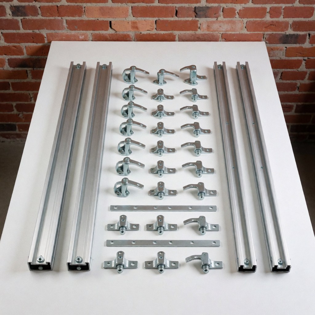 Professional solar mounting kit featuring rails, clamps, and metal accessories displayed on a white background and red brick wall for solar installations.