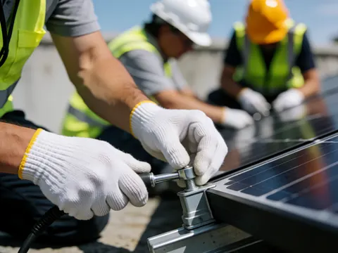 A close-up view of a worker tightening a screw on a solar panel during installation