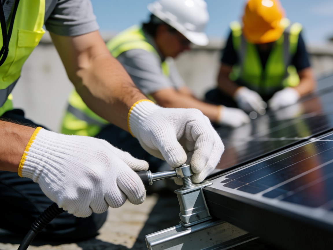 A close-up view of a worker tightening a screw on a solar panel during installation