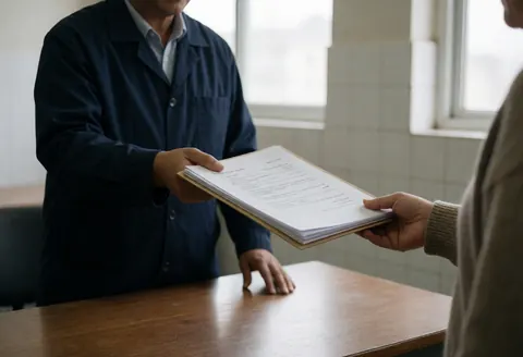A technician in uniform hands over a folder containing solar energy permits to a client at a desk in an office setting.